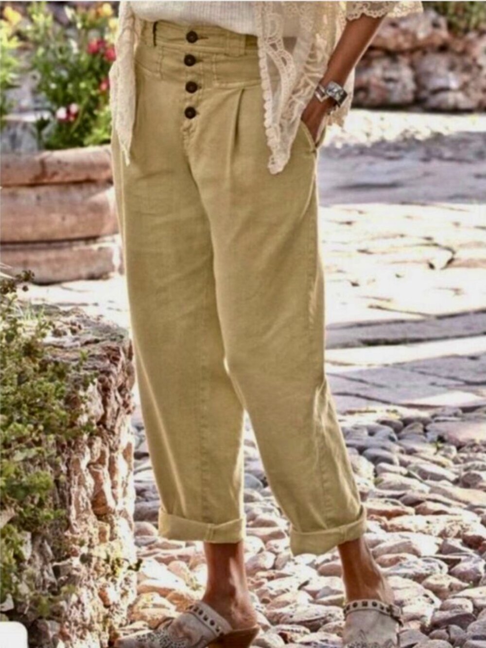 Sundance Quinn Linen Tencel Tan Button Front Pants NWT